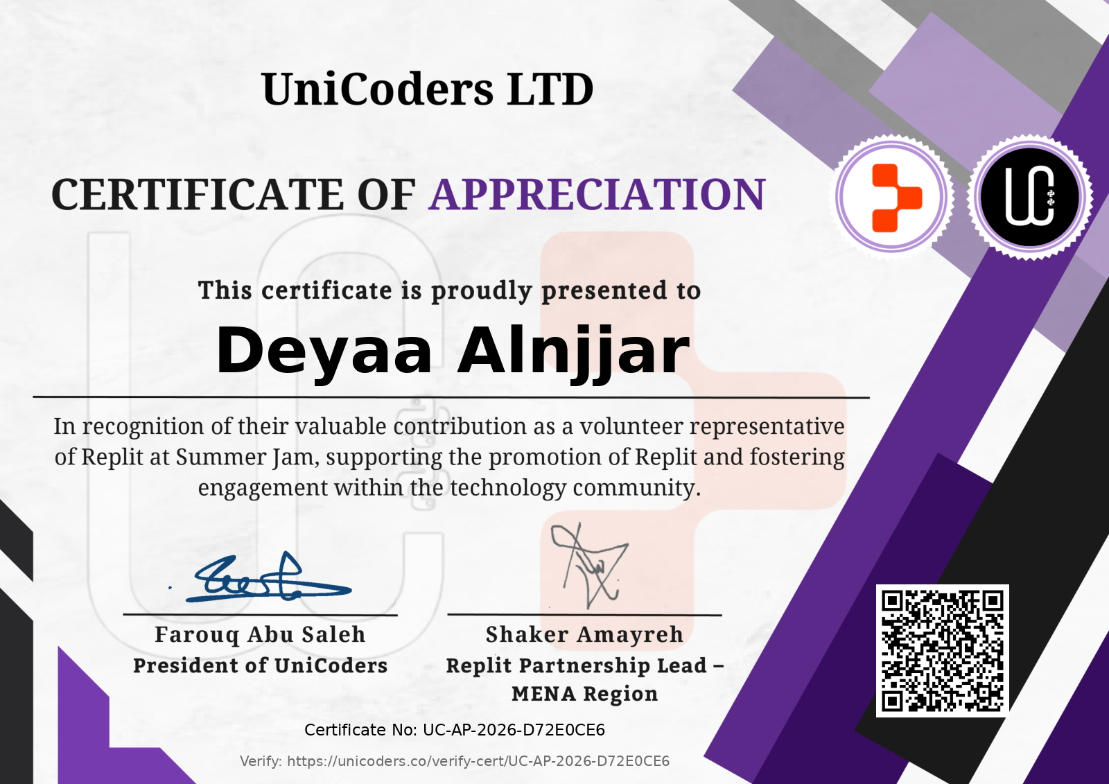 Certificate of Appreciation - UniCoders & Replit Summer Jam Volunteering