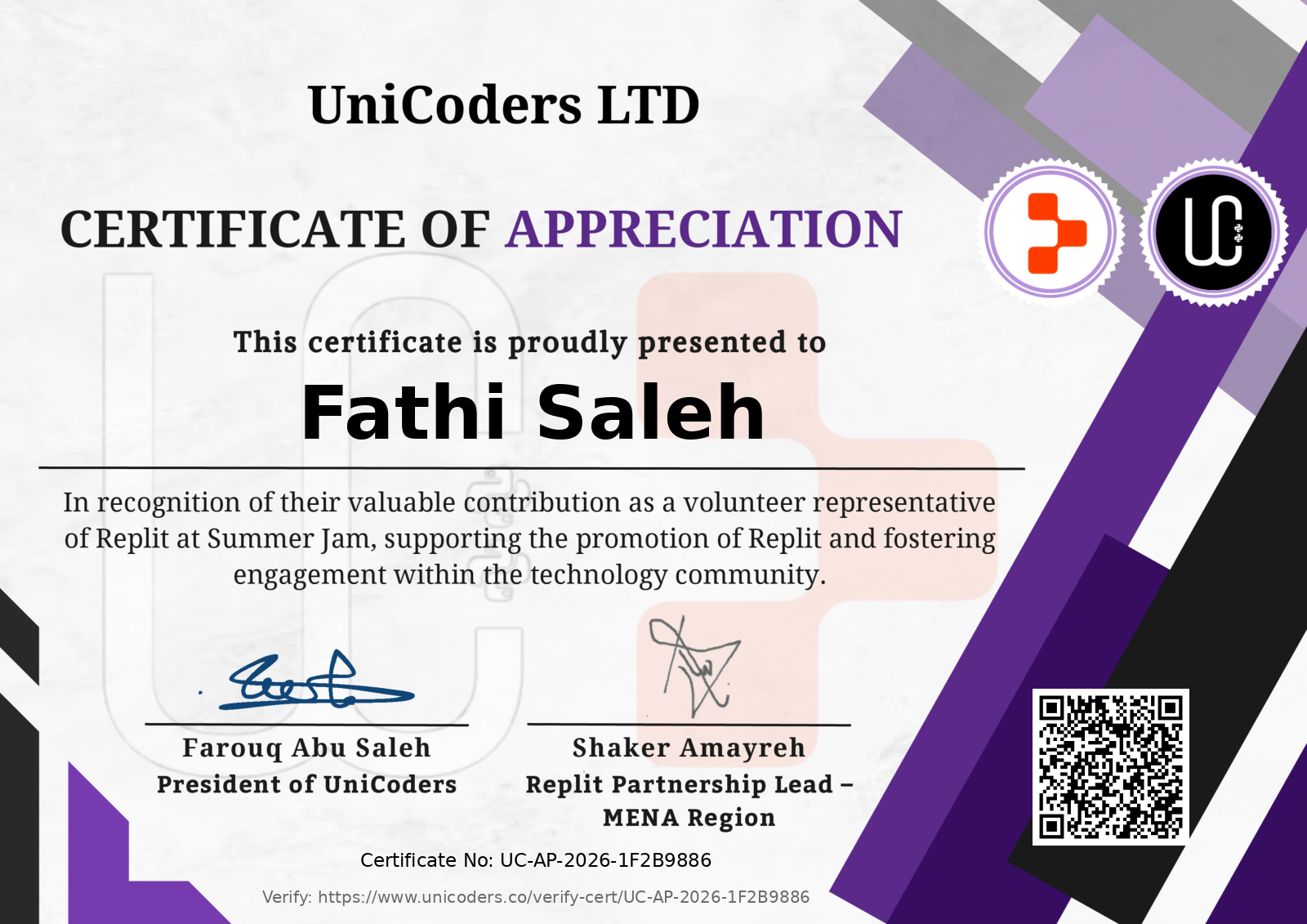 Certificate of Appreciation - UniCoders & Replit Summer Jam Volunteering