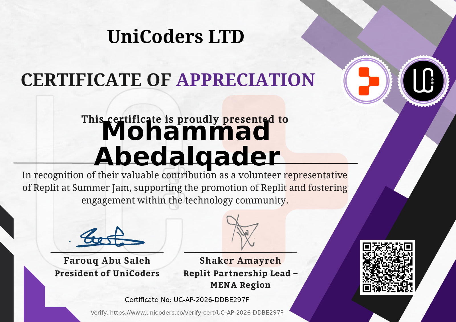 Certificate of Appreciation - UniCoders & Replit Summer Jam Volunteering