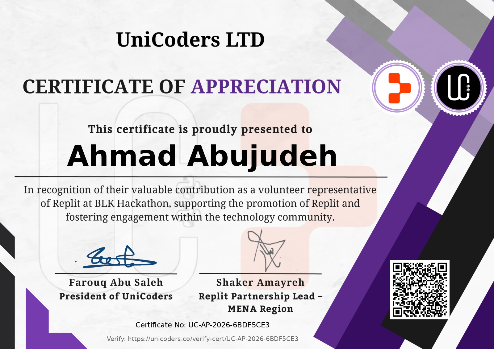 Certificate of Appreciation - UniCoders & Replit BLK Hackathon Volunteering