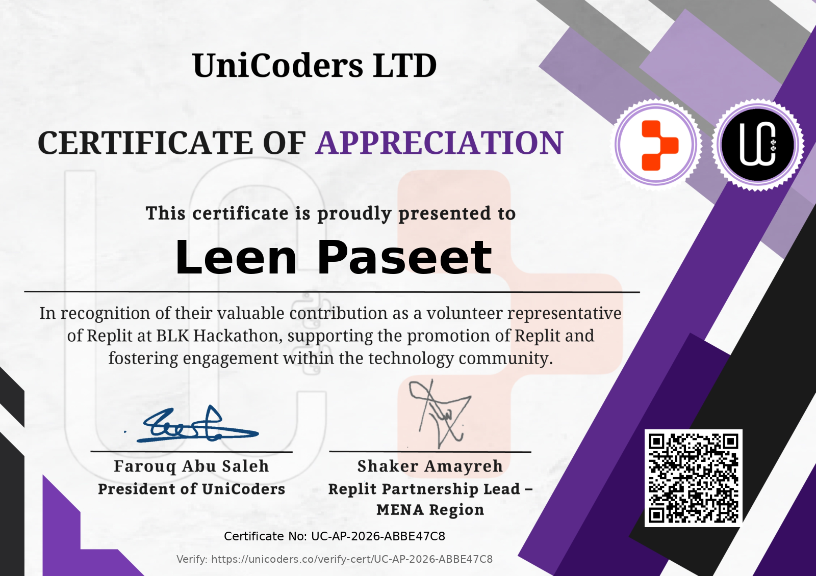 Certificate of Appreciation - UniCoders & Replit BLK Hackathon Volunteering