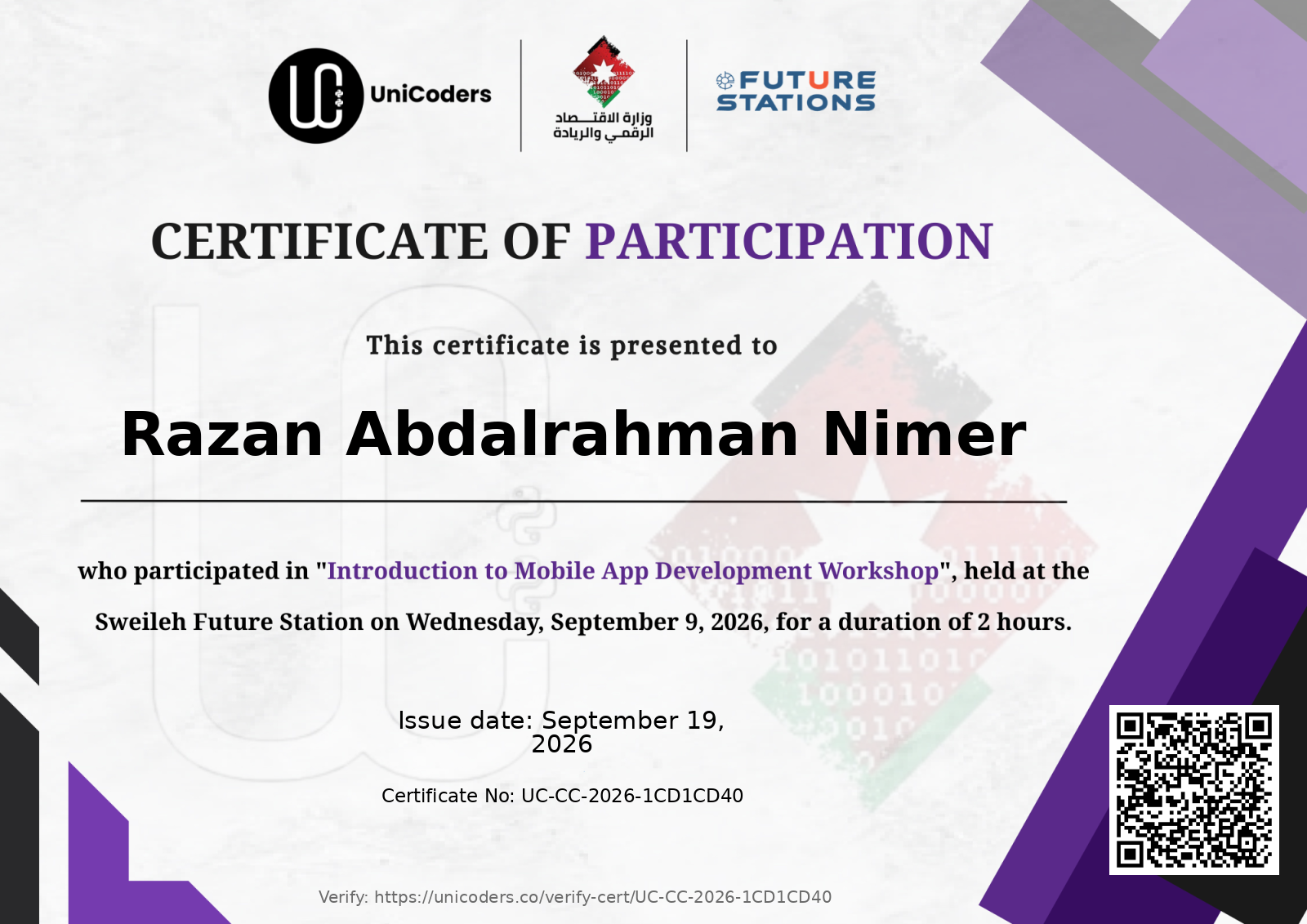 Certificate of Completion — Introduction to Mobile App Development Workshop